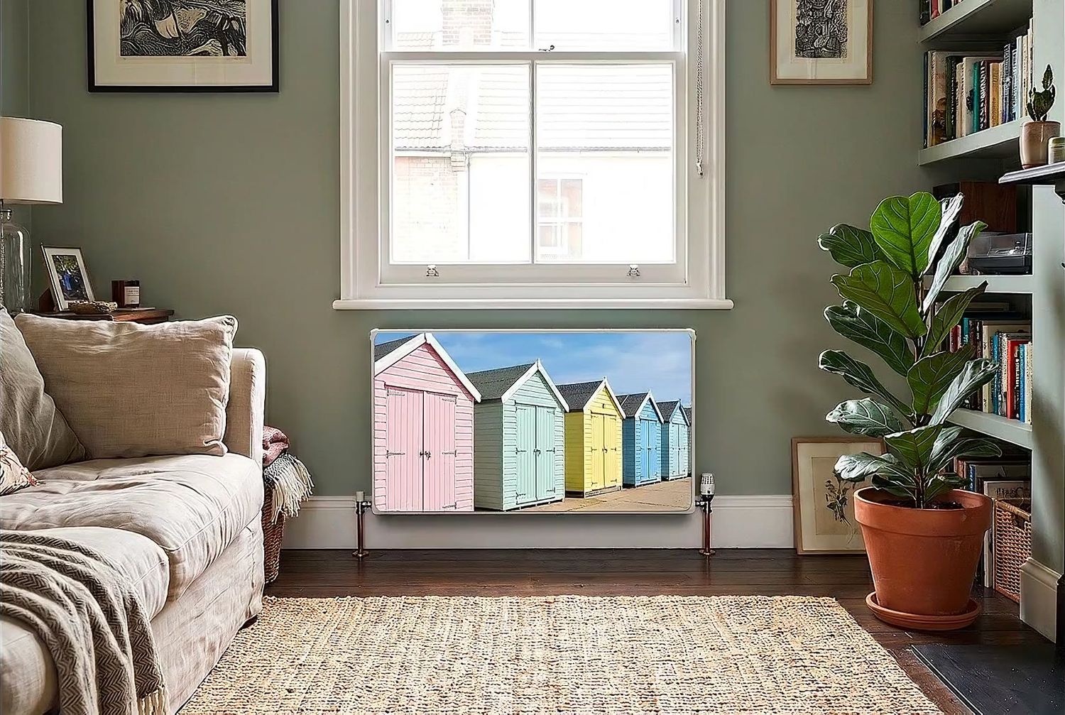 Living room radiator under a window, fitted with the Beach huts magnetic cover