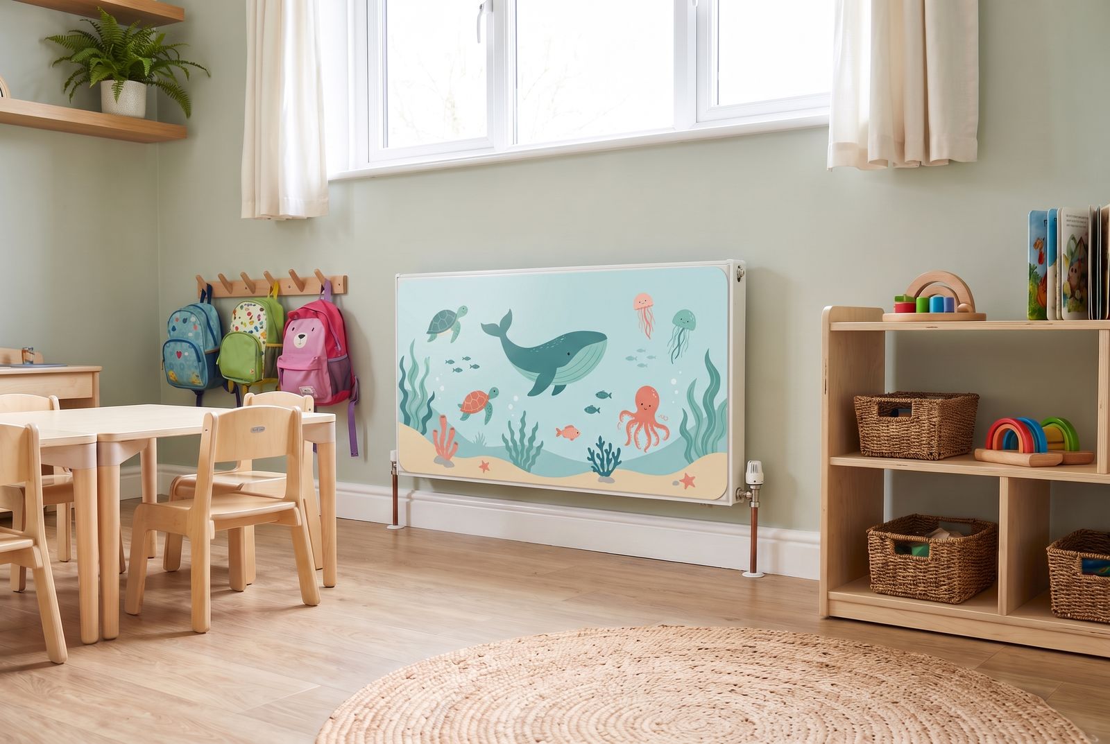 Nursery radiator fitted with the Under the sea magnetic cover