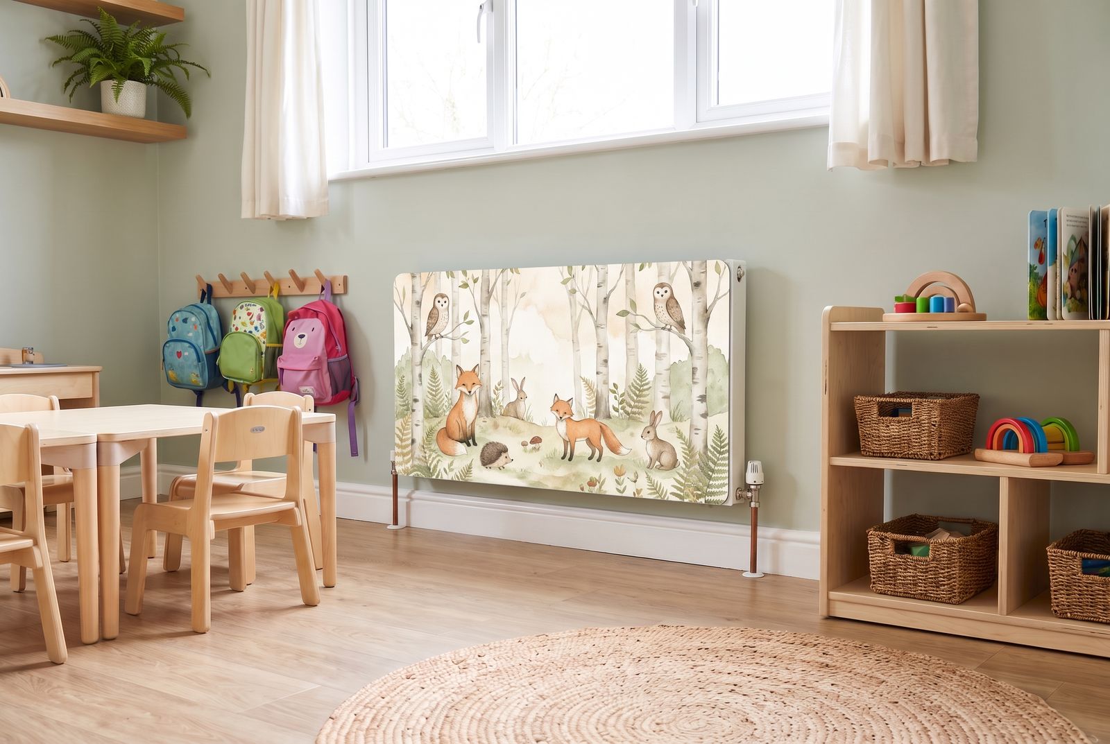 Nursery playroom radiator fitted with the Woodland friends magnetic cover, beside small tables and chairs